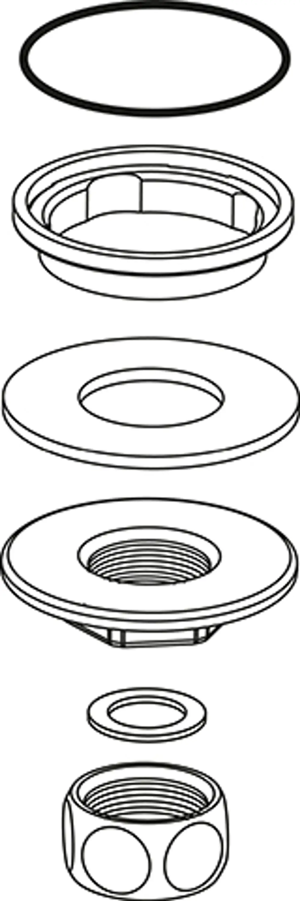 Zeichnung eines Connector-Sets, bestehend aus verschiedenen Bauteilen, einschließlich Ringen und Befestigungselementen, hergestellt von Ideal Standard.
